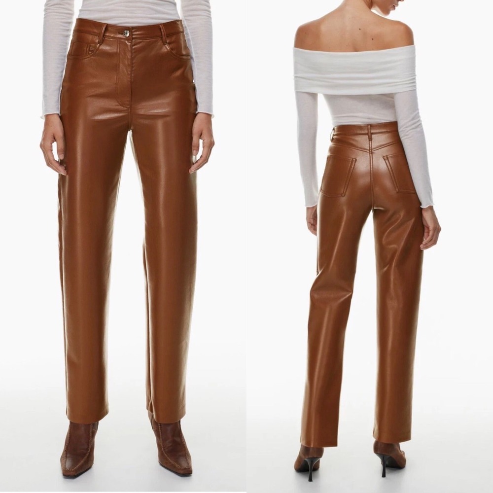 Aritzia Faux Leather High Waist Straight Leg Pant Camel Brown 4 Minimalist Chic